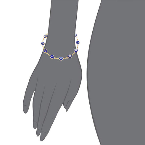 Illustration of a 14k gold-filled bracelet featuring blue and white circular designs on a gray hand and arm, resembling the Blue Evil Eye Charm Bracelet for Protection Good Luck Turkish Nazar.